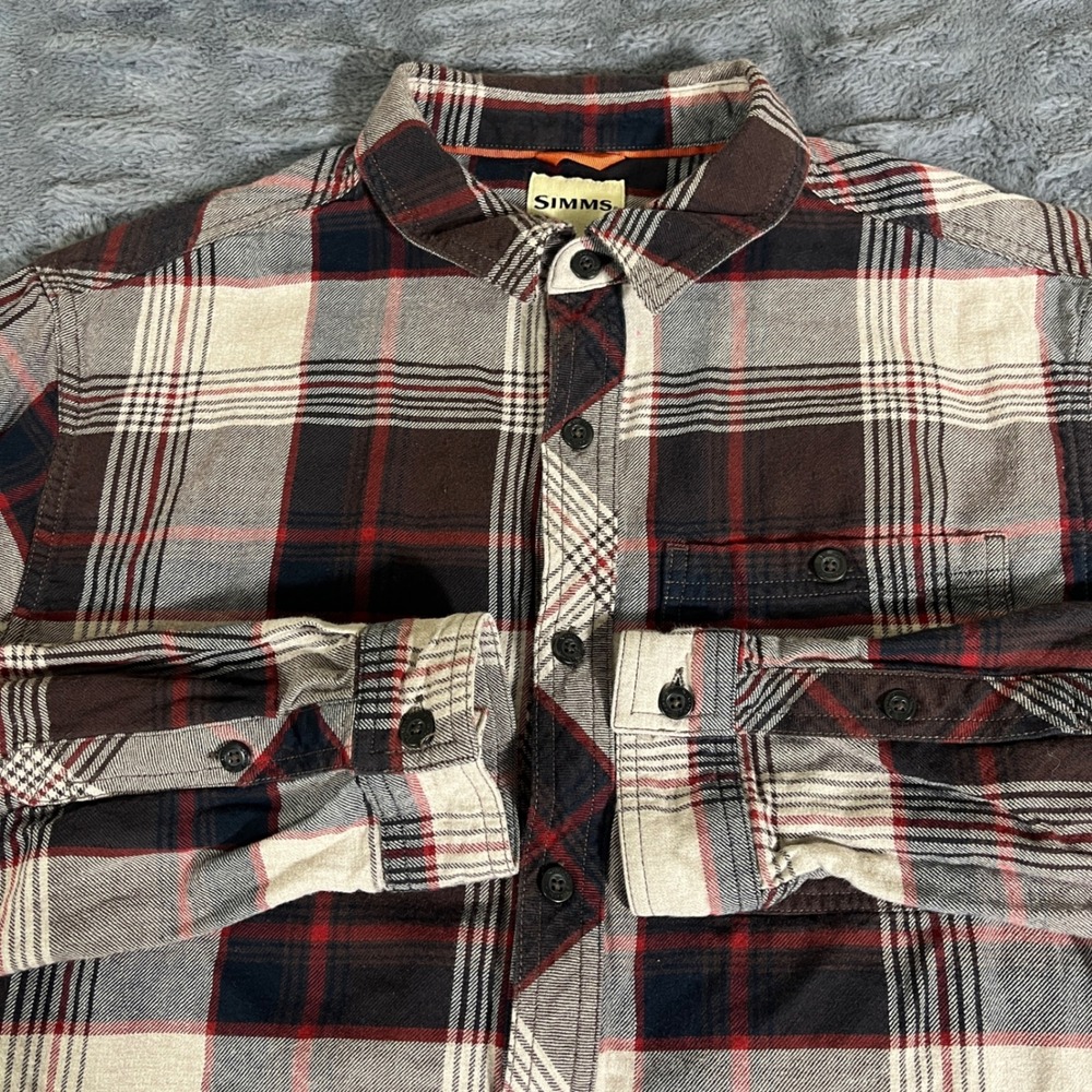Simms Medium Plaid Cotton Flannel Long Sleeve Button Down Fishing Shirt Brown